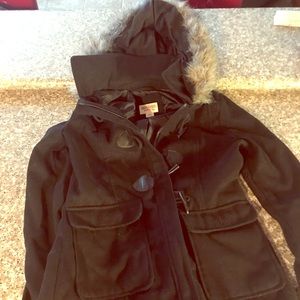 Mossimo black pea coat with faux fur hood